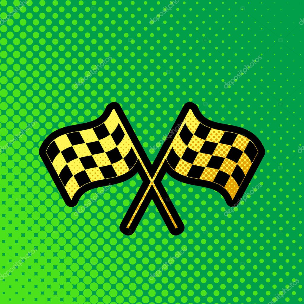 Crossed checkered flags logo waving in the wind conceptual of motor sport. Vector. Pop art orange to yellow dots-gradient icon with black contour at greenish background.