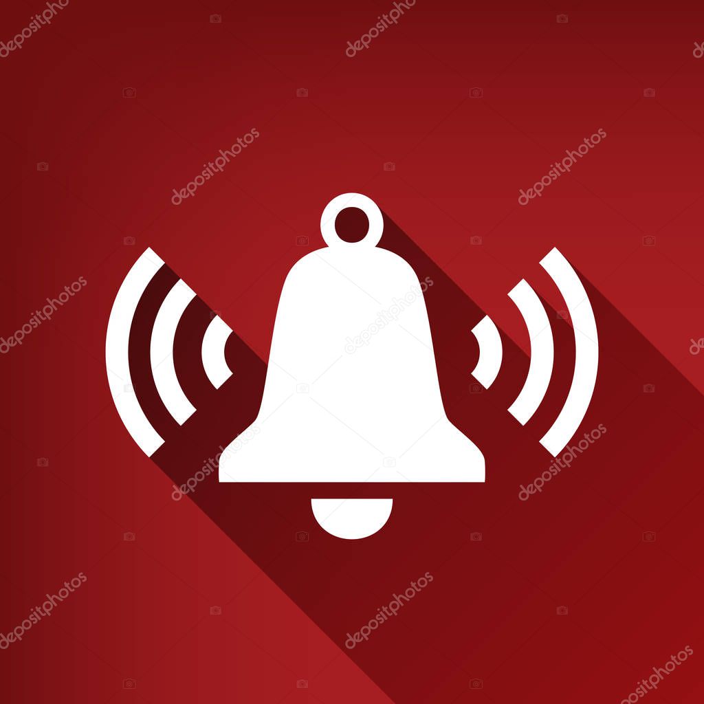 Ringing bell icon. Vector. White icon with limitless shadow at ruby red background.