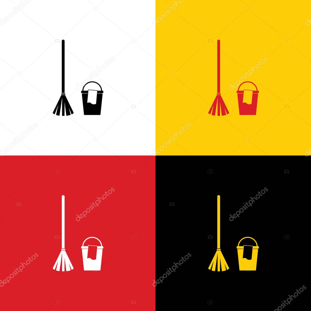 Broom and bucket sign. Vector. Icons of german flag on corresponding colors as background.