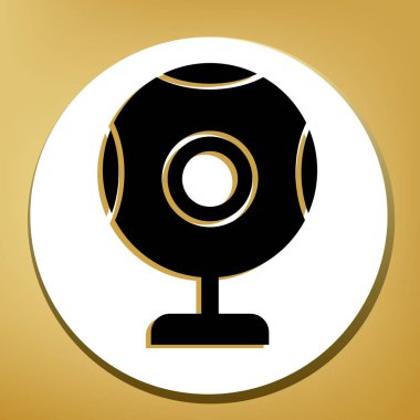 Sohbet web kamera işareti. Vektör. Beyaz daire şeklinde yüzük, altın arka plan ile hafif kahverengi gölgeli siyah simgesi.
