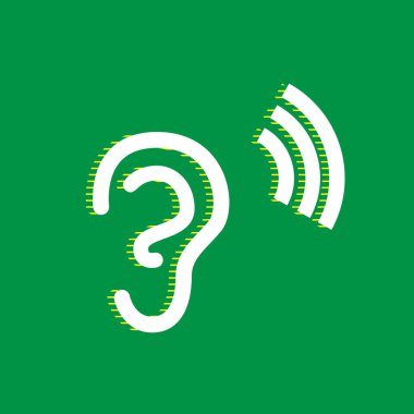 İnsan anatomisi. Soundwave kulak işareti. Vektör. Yeşil arka plan, sarı çizgili gölge beyaz düz simgesi.