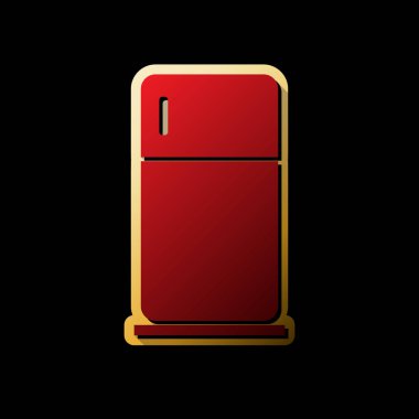 Buzdolabı işareti illüstrasyon. Vektör. Küçük siyah ve sınırsız gölgeler, siyah zemin üzerine altın etiket ile kırmızı simge.
