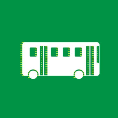 Otobüs basit kayıt. Vektör. Yeşil arka plan, sarı çizgili gölge beyaz düz simgesi.