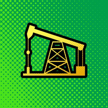 Petrol sondaj teçhizat işareti. Vektör. Pop sanat turuncu yeşilimsi arka plan, siyah kontur ile sarı noktalar-gradient simgesine.