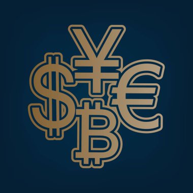 Para birimi koleksiyon doları, euro, bitcoin, yen oturum açın. Vektör. Simge ve koyu mavi arka plan, kenarlık.