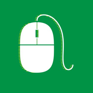 Fare işareti illüstrasyon. Vektör. Yeşil arka plan, sarı çizgili gölge beyaz düz simgesi.