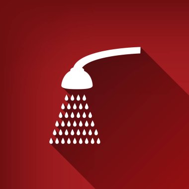 Duş basit kayıt. Vektör. Yakut kırmızı arka plan, sınırsız gölge beyaz simgesi.