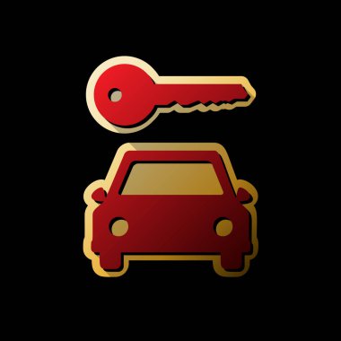 Araba anahtar basit işareti. Vektör. Küçük siyah ve sınırsız gölgeler, siyah zemin üzerine altın etiket ile kırmızı simge.