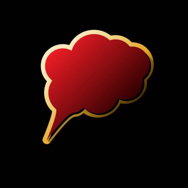 Konuşma balonu işareti illüstrasyon. Vektör. Küçük siyah ve sınırsız gölgeler, siyah zemin üzerine altın etiket ile kırmızı simge.