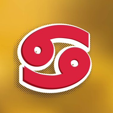 Kanser işareti illüstrasyon. Vektör. Altın arka plan üzerinde siyah popart gölge koyu gölge, beyaz etiket ile kırmızı simge.