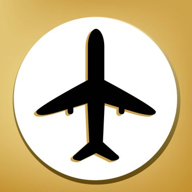 Uçak işareti illüstrasyon. Vektör. Beyaz daire şeklinde yüzük, altın arka plan ile hafif kahverengi gölgeli siyah simgesi.