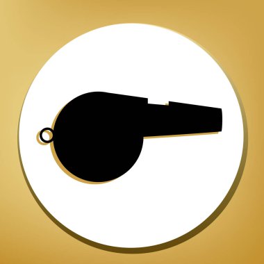 İşareti ıslık. Vektör. Beyaz daire şeklinde yüzük, altın arka plan ile hafif kahverengi gölgeli siyah simgesi.