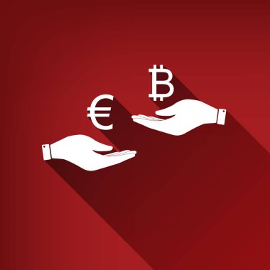 El el üzerinden Döviz Alım Satım. Euro Bitcoin bir. Vektör. Yakut kırmızı arka plan, sınırsız gölge beyaz simgesi.