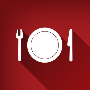 Çatal, plaka ve bıçak. Vektör. Yakut kırmızı arka plan, sınırsız gölge beyaz simgesi.