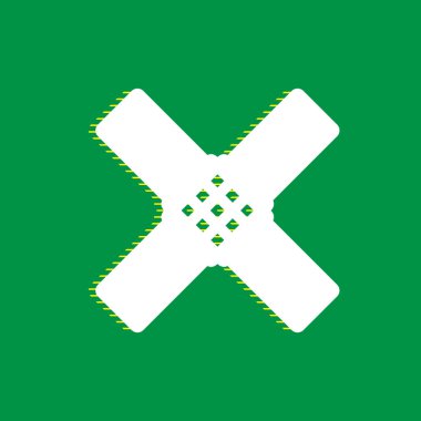 Etiket işareti yardım. Vektör. Yeşil arka plan, sarı çizgili gölge beyaz düz simgesi.