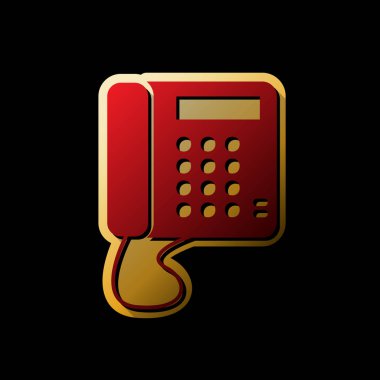 İletişim veya telefon işareti. Vektör. Küçük siyah ve sınırsız gölgeler, siyah zemin üzerine altın etiket ile kırmızı simge.