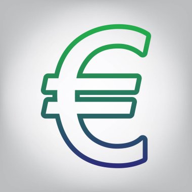 Euro simgesi. Vektör. Yeşil ışık Center'da grimsi arka plan mavi degrade kontur simgesine.