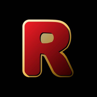 R harfi işareti şablon öğesi tasarım. Vektör. Küçük siyah ve sınırsız gölgeler, siyah zemin üzerine altın etiket ile kırmızı simge.
