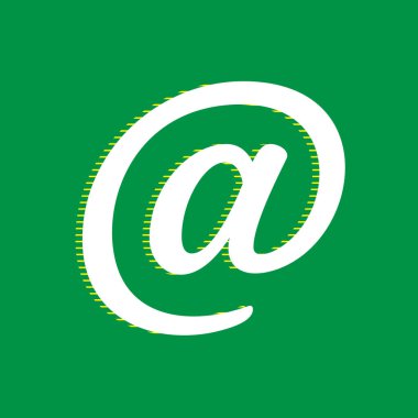 Posta işareti illüstrasyon. Vektör. Yeşil arka plan, sarı çizgili gölge beyaz düz simgesi.