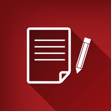 Kağıt ve kalem işareti. Vektör. Yakut kırmızı arka plan, sınırsız gölge beyaz simgesi.