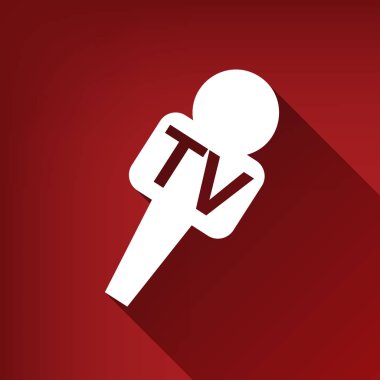 TV mikrofon işaret illüstrasyon. Vektör. Yakut kırmızı arka plan, sınırsız gölge beyaz simgesi.