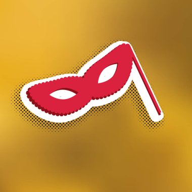 Geleneksel Venedik Karnavalı dekoratif maskesi işareti. Vektör. Altın arka plan üzerinde siyah popart gölge koyu gölge, beyaz etiket ile kırmızı simge.