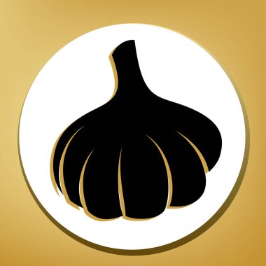 Sarımsak basit kayıt. Vektör. Beyaz daire şeklinde yüzük, altın arka plan ile hafif kahverengi gölgeli siyah simgesi.