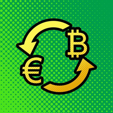 Döviz Alım Satım işareti. Euro ve Bitcoin. Vektör. Pop sanat turuncu yeşilimsi arka plan, siyah kontur ile sarı noktalar-gradient simgesine.