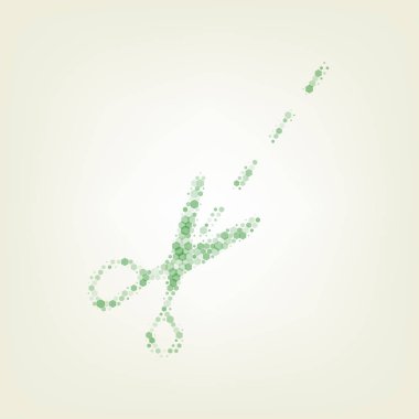 Makas illüstrasyon işareti. Vektör. Yeşil altıgen rastered simge ve noised opaklık ve boyut olarak merkezi ışık ile açık yeşil renkli.