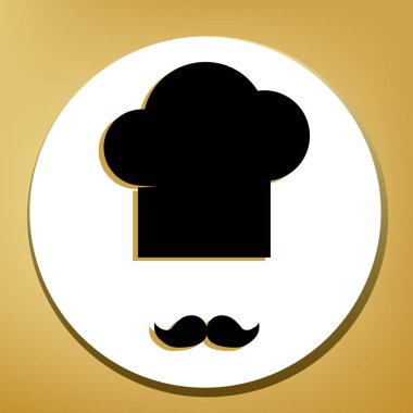 Chef şapka ve bıyık oturum açın. Vektör. Beyaz daire şeklinde yüzük, altın arka plan ile hafif kahverengi gölgeli siyah simgesi.