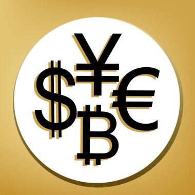 Para birimi koleksiyon doları, euro, bitcoin, yen oturum açın. Vektör. Beyaz daire şeklinde yüzük, altın arka plan ile hafif kahverengi gölgeli siyah simgesi.