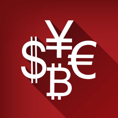 Para birimi koleksiyon doları, euro, bitcoin, yen oturum açın. Vektör. Yakut kırmızı arka plan, sınırsız gölge beyaz simgesi.