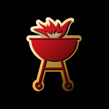Yangın işareti ile barbekü. Vektör. Küçük siyah ve sınırsız gölgeler, siyah zemin üzerine altın etiket ile kırmızı simge.