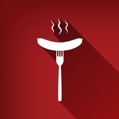 Sosis çatal üye. Vektör. Yakut kırmızı arka plan, sınırsız gölge beyaz simgesi.