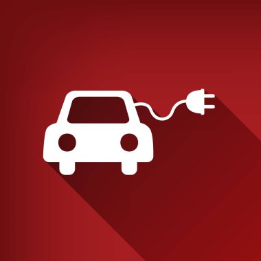 Eko elektrikli otomobil işareti. Vektör. Yakut kırmızı arka plan, sınırsız gölge beyaz simgesi.