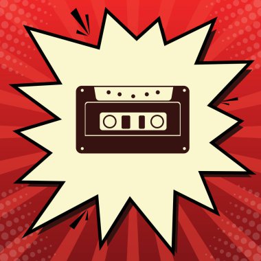 Kaset simgesi, ses bandı işareti. Vektör. Limon şifon çekim kabarcığın ışınları ile kırmızı popart arka plan, koyu kırmızı simge.