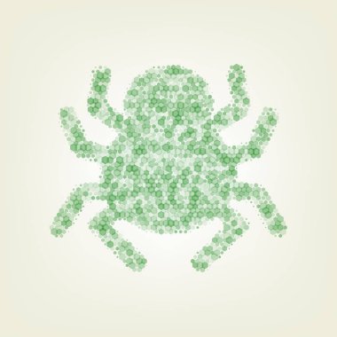 Örümcek işareti illüstrasyon. Vektör. Yeşil altıgen rastered simge ve noised opaklık ve boyut olarak merkezi ışık ile açık yeşil renkli.