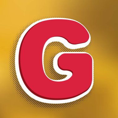 Harf G işareti şablon öğesi tasarım. Vektör. Altın arka plan üzerinde siyah popart gölge koyu gölge, beyaz etiket ile kırmızı simge.