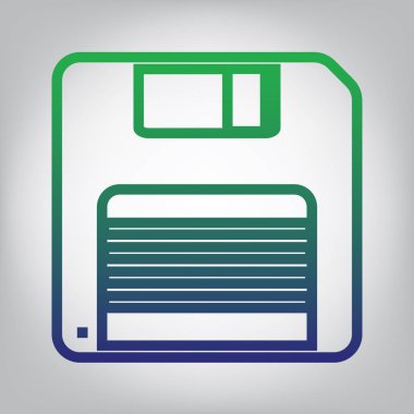 Disket işareti. Vektör. Yeşil ışık Center'da grimsi arka plan mavi degrade kontur simgesine.