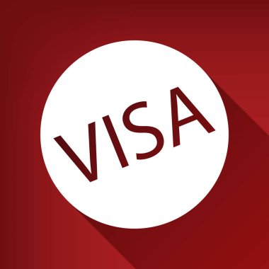 Vize kartı işareti illüstrasyon. Vektör. Yakut kırmızı arka plan, sınırsız gölge beyaz simgesi.
