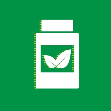 Takviyeleri konteyner işareti. Vektör. Yeşil arka plan, sarı çizgili gölge beyaz düz simgesi.