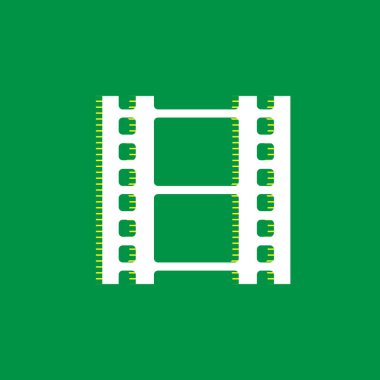 Film iz reel. Vektör. Yeşil arka plan, sarı çizgili gölge beyaz düz simgesi.