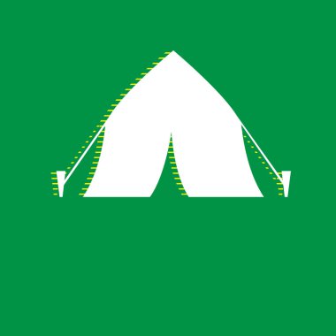 Turist çadır işareti. Vektör. Yeşil arka plan, sarı çizgili gölge beyaz düz simgesi.