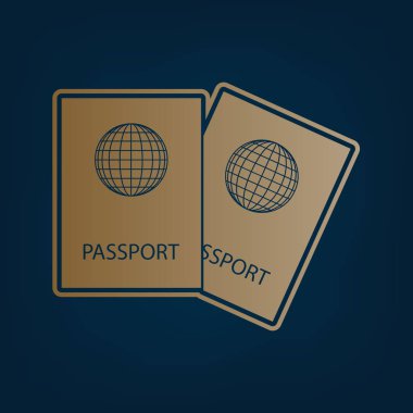 İki pasaport illüstrasyon işareti. Vektör. Simge ve koyu mavi arka plan, kenarlık.