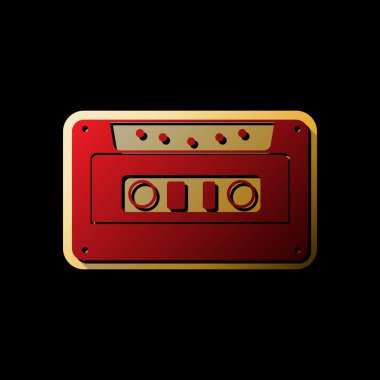 Kaset simgesi, ses bandı işareti. Vektör. Küçük siyah ve sınırsız gölgeler, siyah zemin üzerine altın etiket ile kırmızı simge.