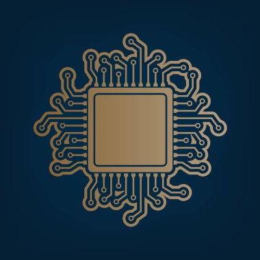 CPU mikroişlemci illüstrasyon. Vektör. Simge ve koyu mavi arka plan, kenarlık.