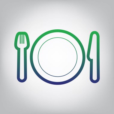 Çatal, plaka ve bıçak. Vektör. Yeşil ışık Center'da grimsi arka plan mavi degrade kontur simgesine.