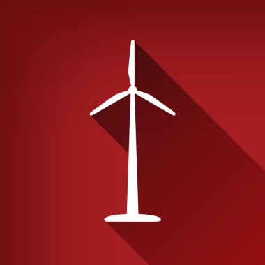 Rüzgar türbini logo veya işareti. Vektör. Yakut kırmızı arka plan, sınırsız gölge beyaz simgesi.