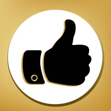 El işareti illüstrasyon. Vektör. Beyaz daire şeklinde yüzük, altın arka plan ile hafif kahverengi gölgeli siyah simgesi.