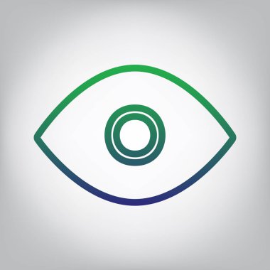 Göz işareti illüstrasyon. Vektör. Yeşil ışık Center'da grimsi arka plan mavi degrade kontur simgesine.